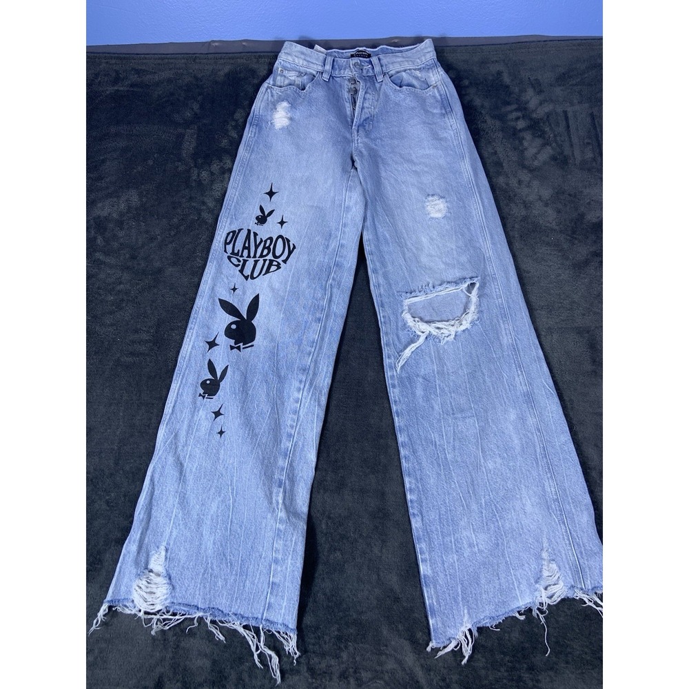 Playboy PacSun Women's Button Fly Jeans Distressed High Rise Baggy Jeans Size 23
